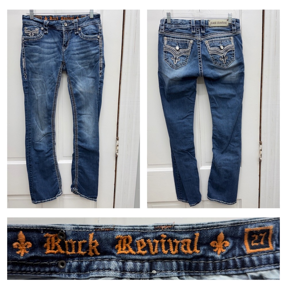 Rock Revival Marie Easy Boot Jeans Women 27 Blue Distressed Flap Pocket
